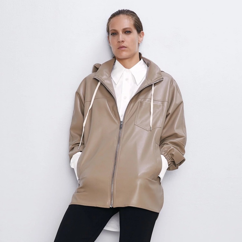 Zara faux leather tan jacket with hood